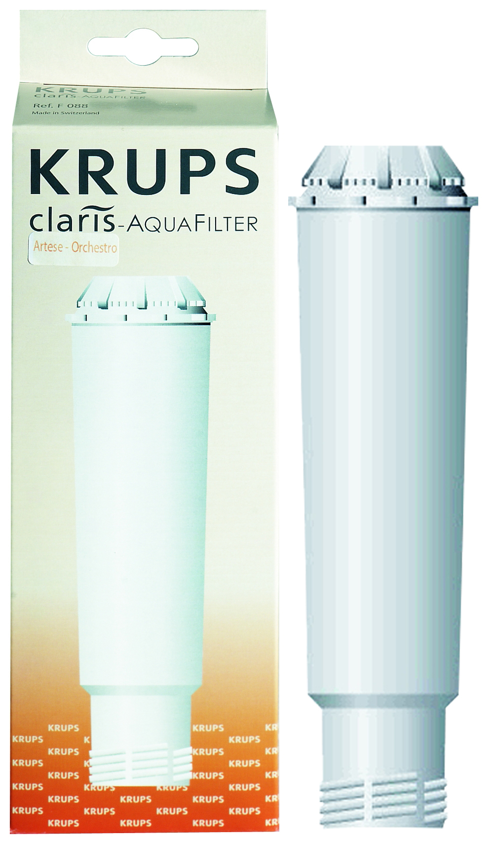 Weißer Krups Claris-Aqua-Filter für Kaffeemaschine. In einer weiß-grünen Box.