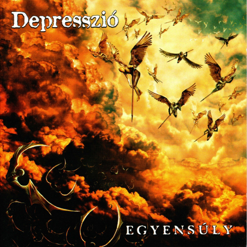 Depresszió album borító. Angyalok repülnek a tüzes ég felett, az 'Egyensúly' szóval.