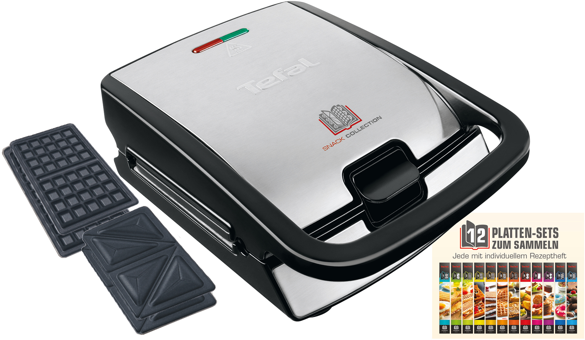 Tefal Waffeleisen, geschlossen. Silber und schwarz. Extra Waffelplatten und Heft.