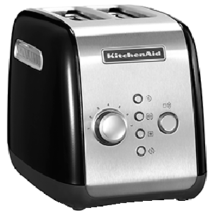 KitchenAid fekete-ezüst kenyérpirító gombokkal és tárcsával az asztalon.