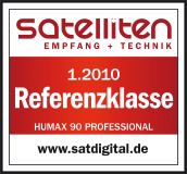 Auszeichnungslogo mit Satelliten, "Referenzklasse" Text, Datum und Humax-Produktlogo.