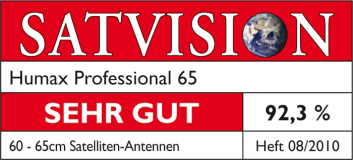 Auszeichnungsplakette mit SATVISION, "SEHR GUT", Prozent, Humax-Produkt und Ausgabedatum.