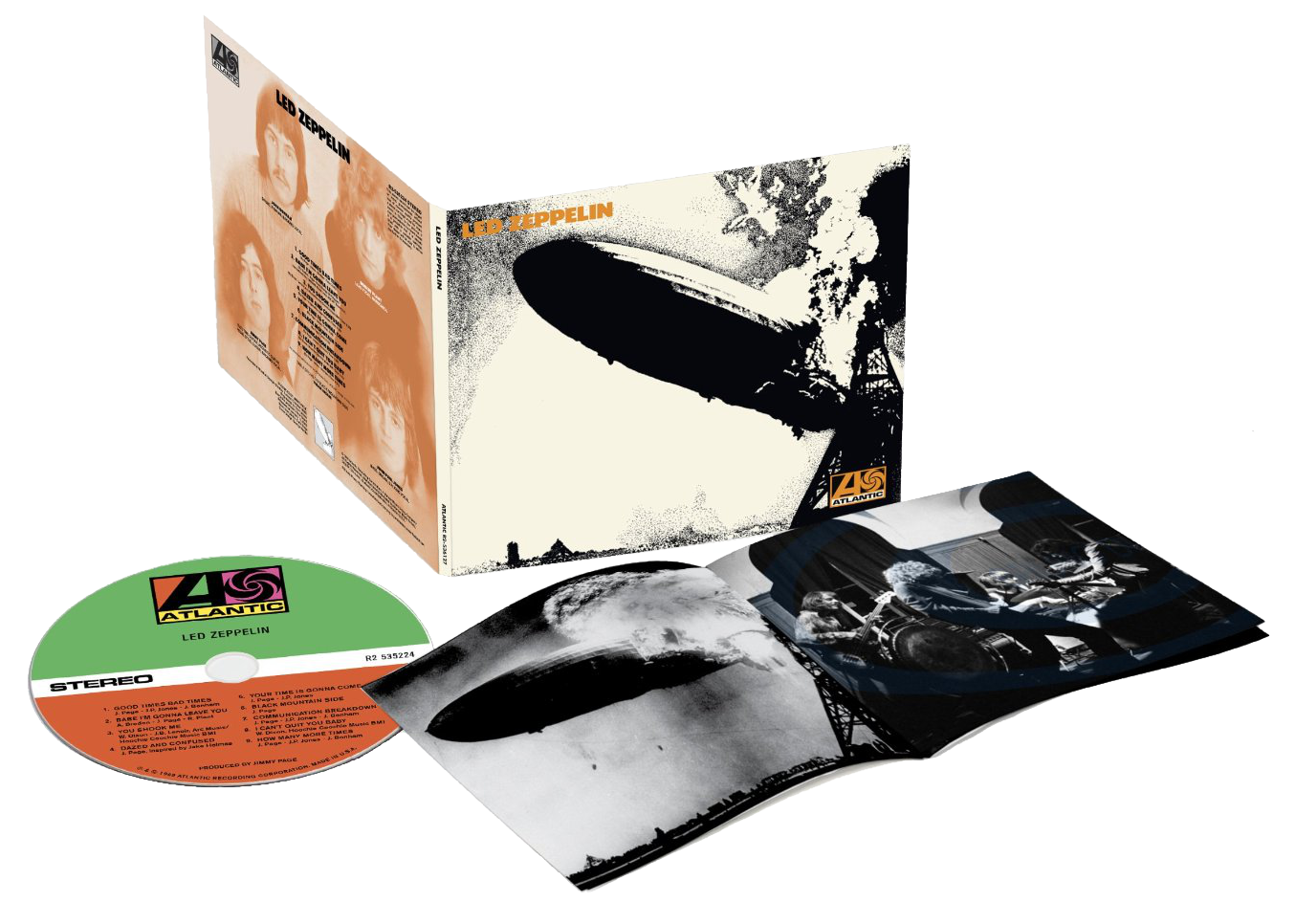 Led Zeppelin album nyitott tokkal, CD-vel és belső művészettel. Fekete-fehér kép a zenekarról és a léghajóról.