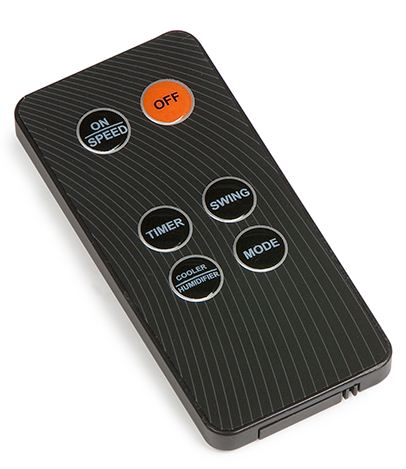 Télécommande noire. Boutons : Marche/Vitesse, Minuteur, Refroidisseur/Humidificateur, Balancement, Mode et Arrêt.
