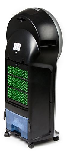 Refroidisseur d'air noir et argenté, vue arrière, avec filtre vert et réservoir d'eau bleu.