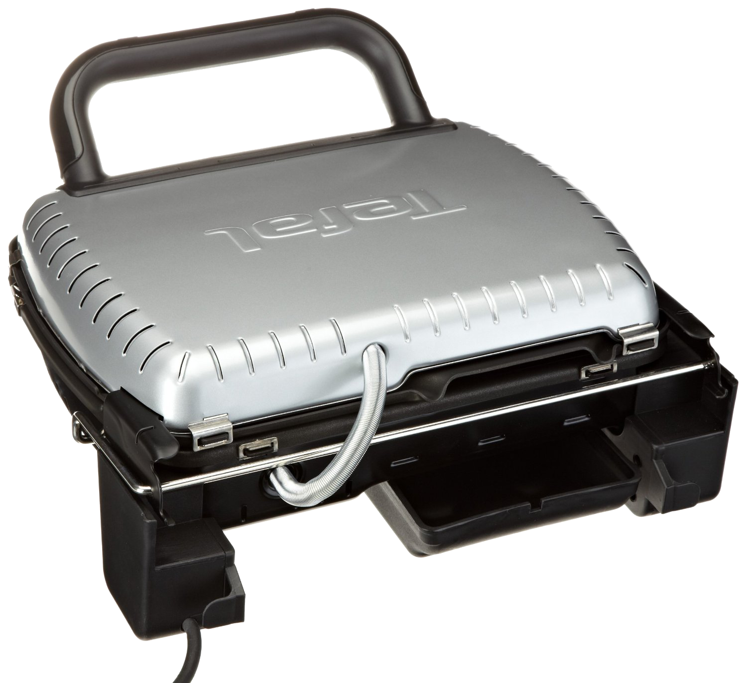 Ezüst Tefal grill fekete alappal és fekete fogantyúval.