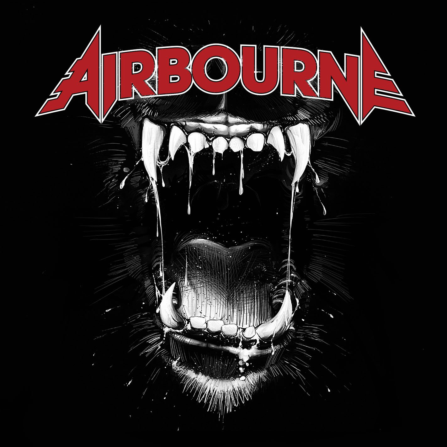 Fekete háttér piros "AIRBOURNE" felirattal. Egy morcos állat szája nagy agyarakkal és csöpögő nyállal.