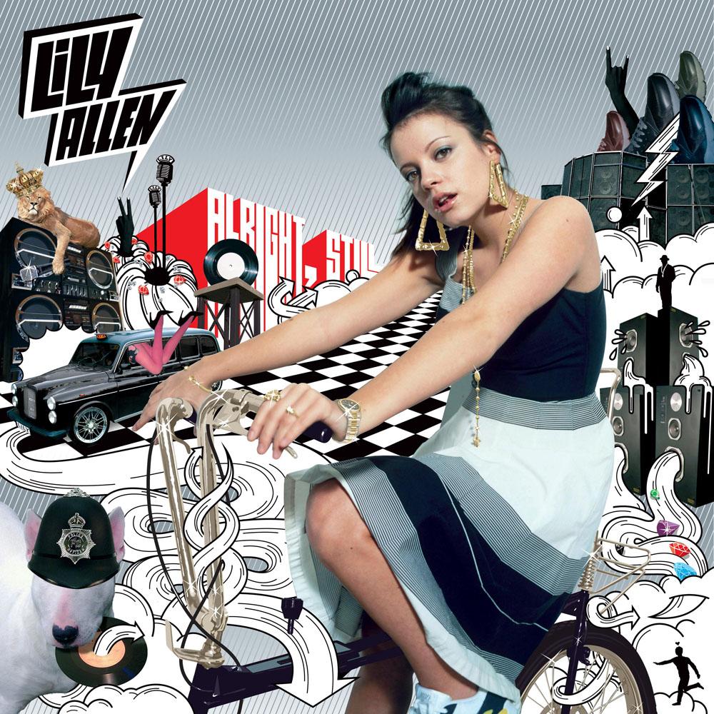 Lilly Allen album borítója. Nő biciklin és rajzolt elemek szürke háttéren.