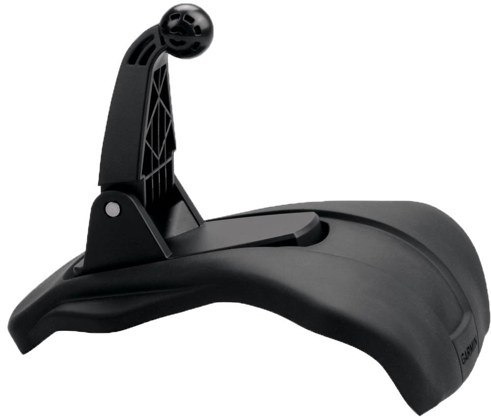 Zwarte Garmin fietssteun, bestaande uit een basis en een gebogen arm met kogelgewricht.