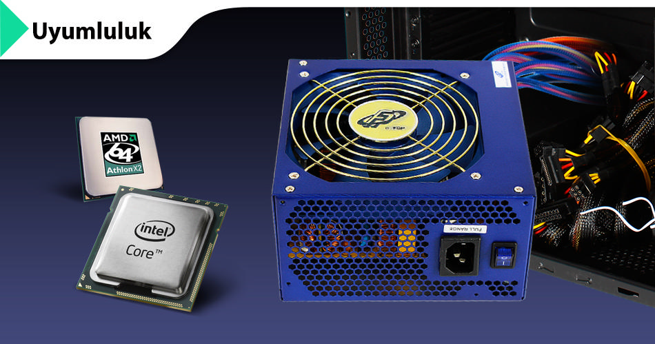 PC bileşenleri: CPU ve AMD işlemci, güç kaynağı, mavi ve altın fan, koyu mavi arka plan.