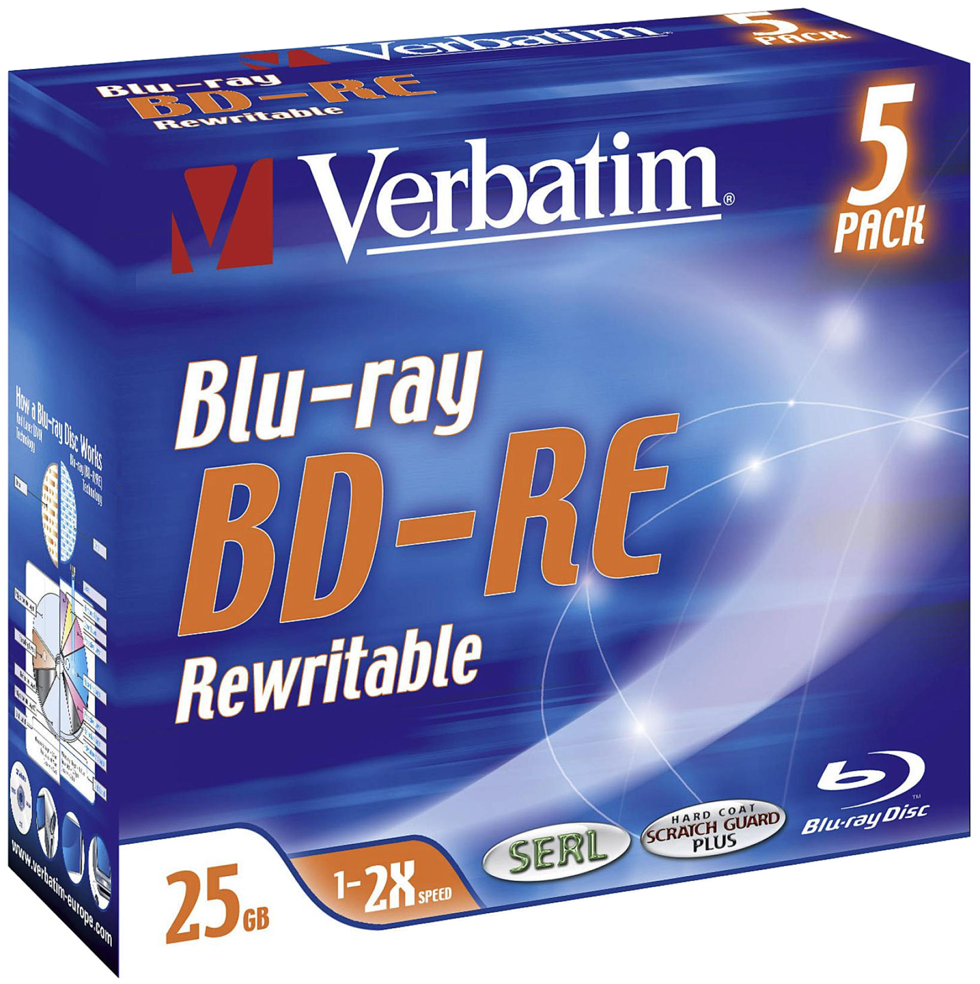 Blu-ray Disc-Box. Das Paket enthält das Verbatim-Logo und den Titel Blu-ray BD-RE Rewritable.