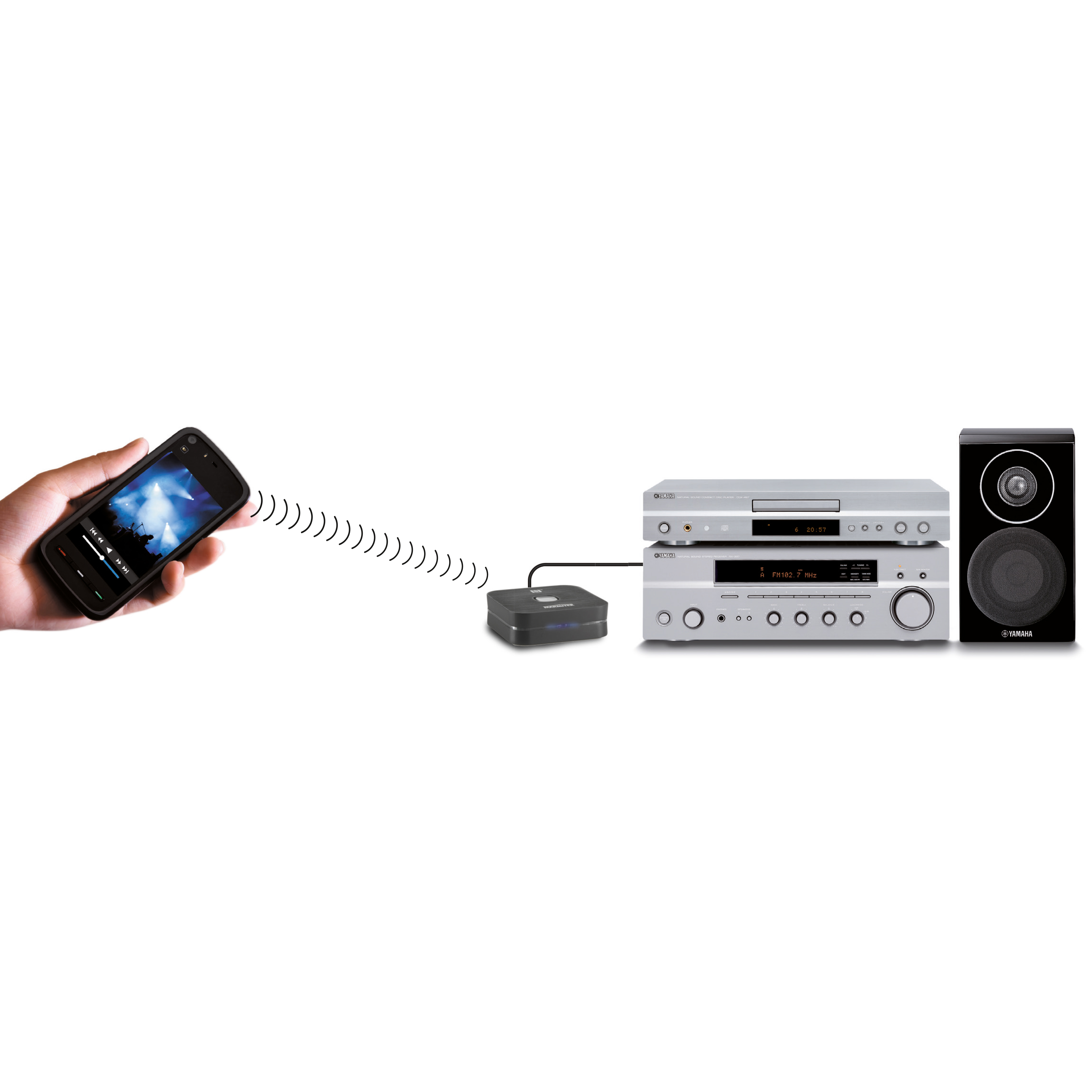 A smartphone sending audio to a stereo system and a speaker.