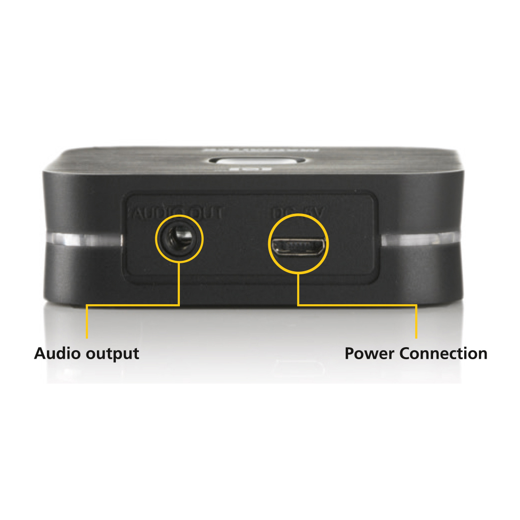 Black audio device with audio output and power connection ports labeled.