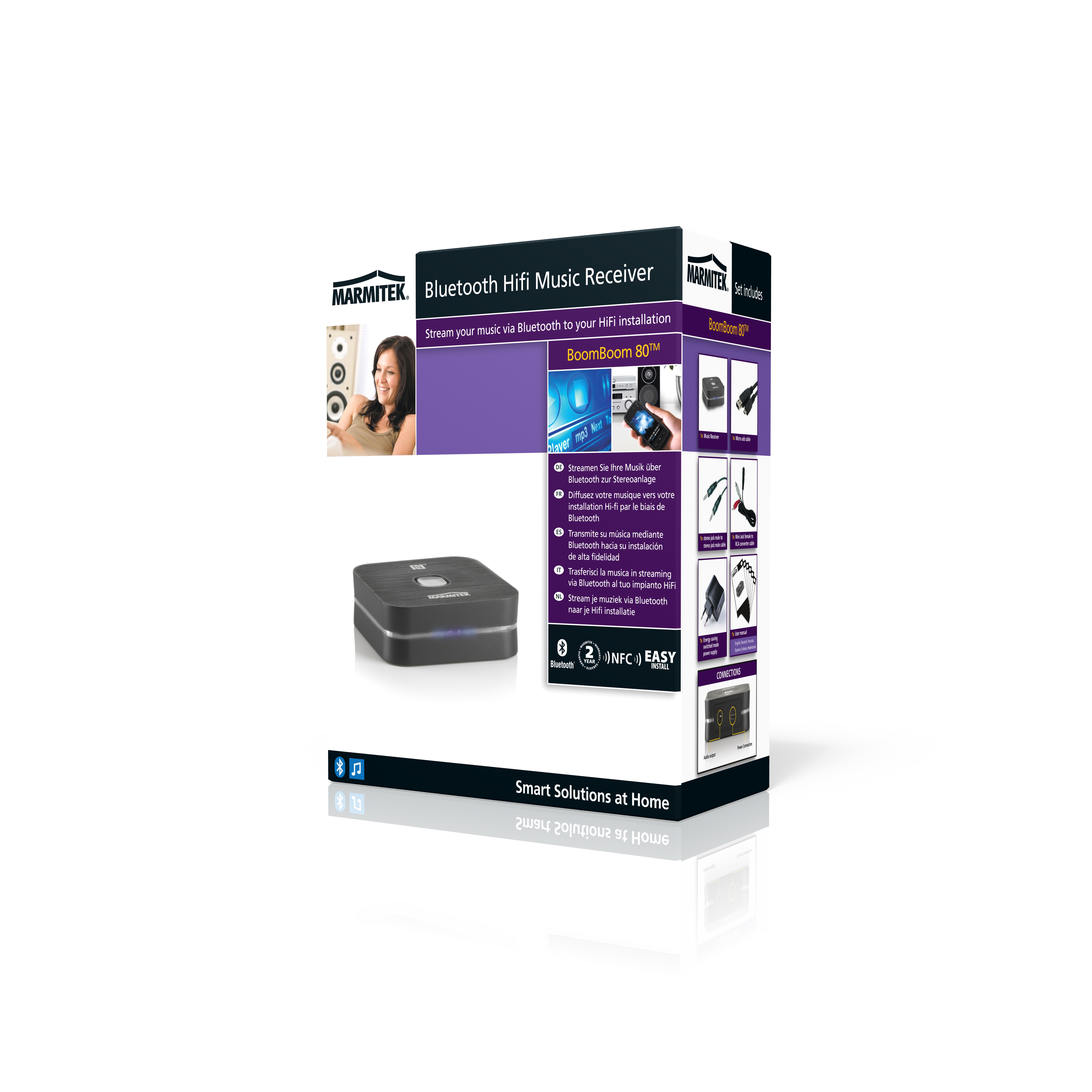 Box with a device and images. It promotes Bluetooth streaming for Hi-Fi installations.