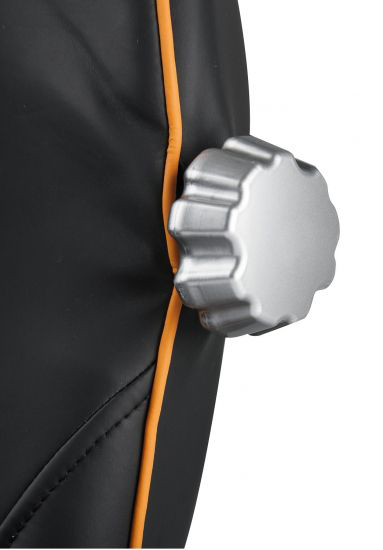 A silver star-shaped knob on black leather-like material with orange trim.