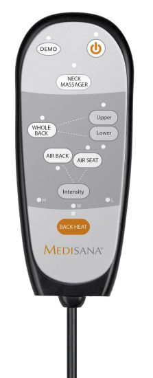 Medisana massage control with buttons for neck, back, seat, intensity, and heat.