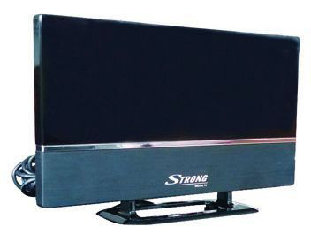 Schwarze und silberne Strong TV-Antenne auf weißer Oberfläche.