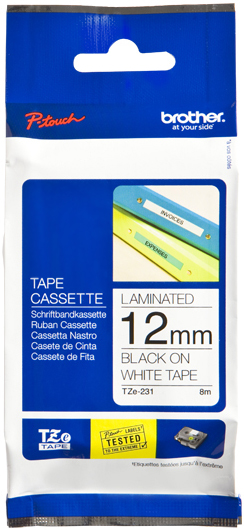 Verpakking van tape cassette met blauwe en witte kleuren en een afbeelding van labels.