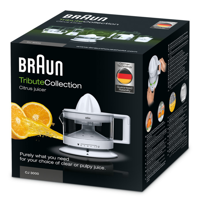Braun Zitruspresse-Box mit Bildern von Orangen und der Saftpresse.