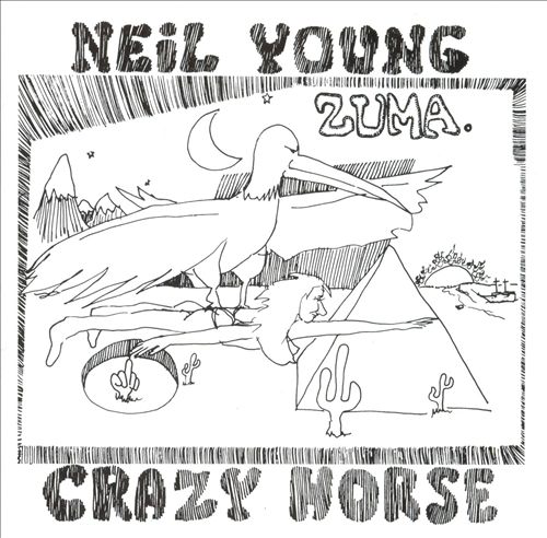 Neil Young album borítója: Vonalas rajz, madár, fekvő nő, kaktusz és szöveg.