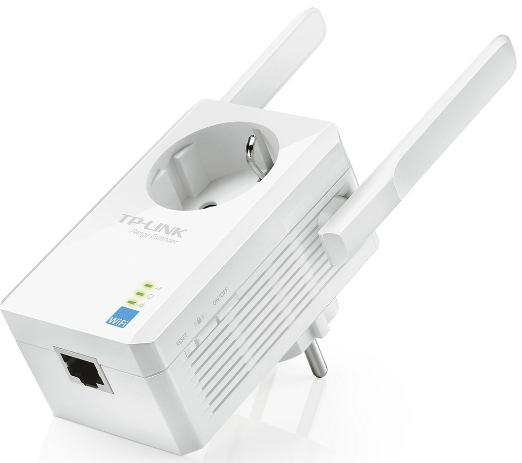 Weißer TP-Link-Repeater mit zwei Antennen, Netzstecker und Status-LEDs. Hat einen Ethernet-Anschluss und Tasten.