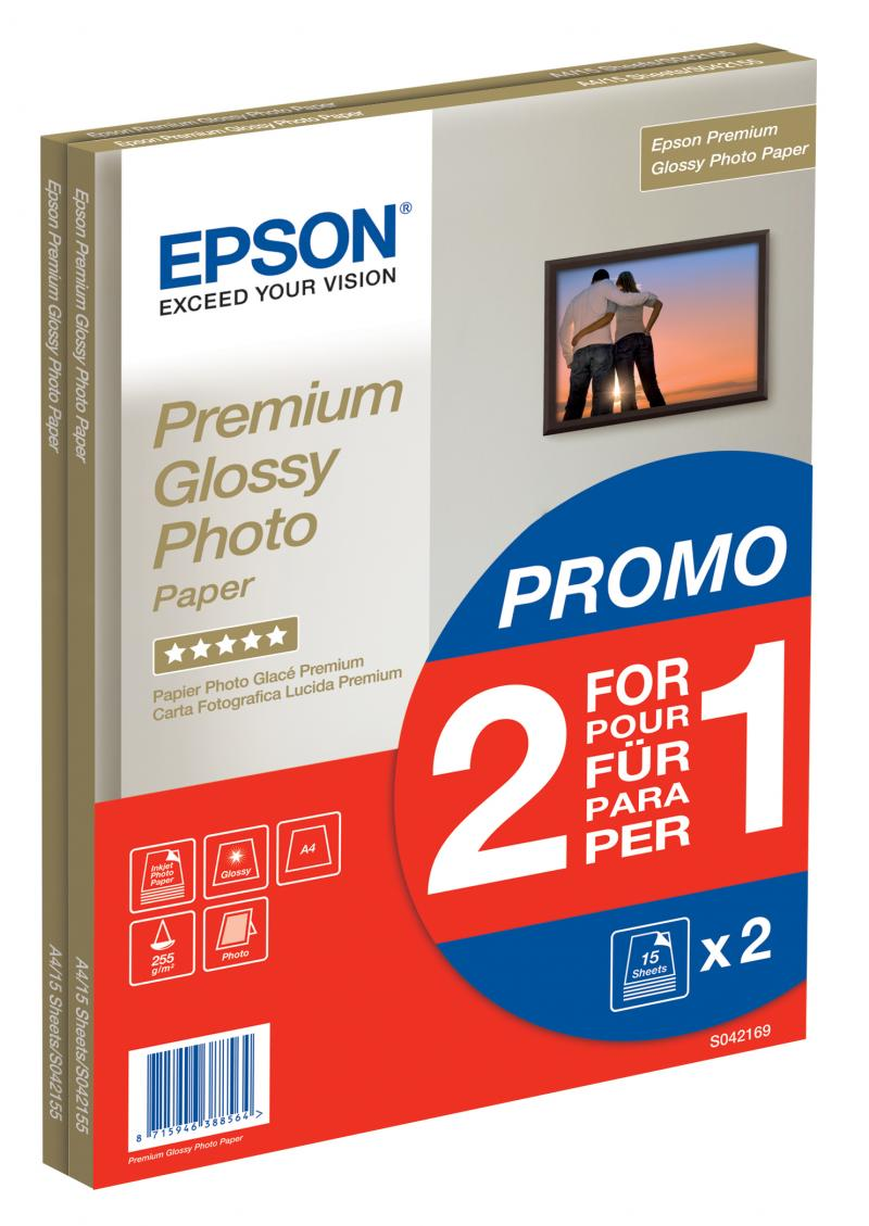 Epson Premium Glossy Photo Paper box. Features a picture of a couple and promotional text.
