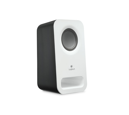 White and black Logitech subwoofer. The subwoofer has a speaker and a black back.