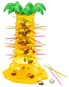 Ein gelber Turm mit Affen im Inneren, umgeben von bunten Stäben. Ein Würfel und einige Affen befinden sich am Boden.