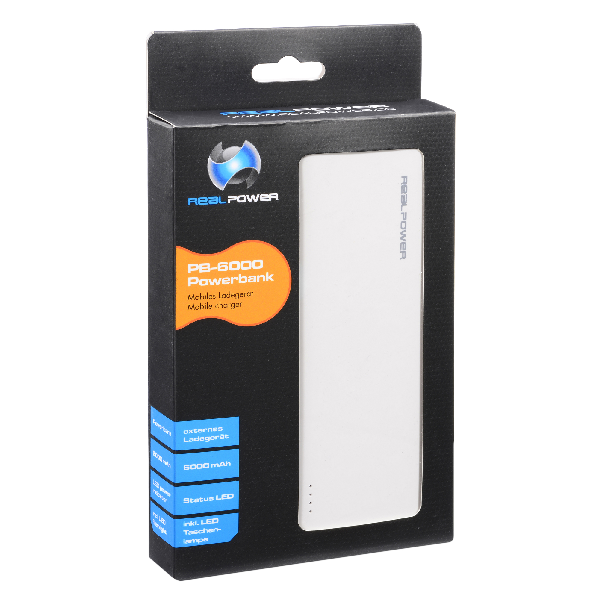 REALPOWER PB-6000 Mobiles Ladegerät, Weiß