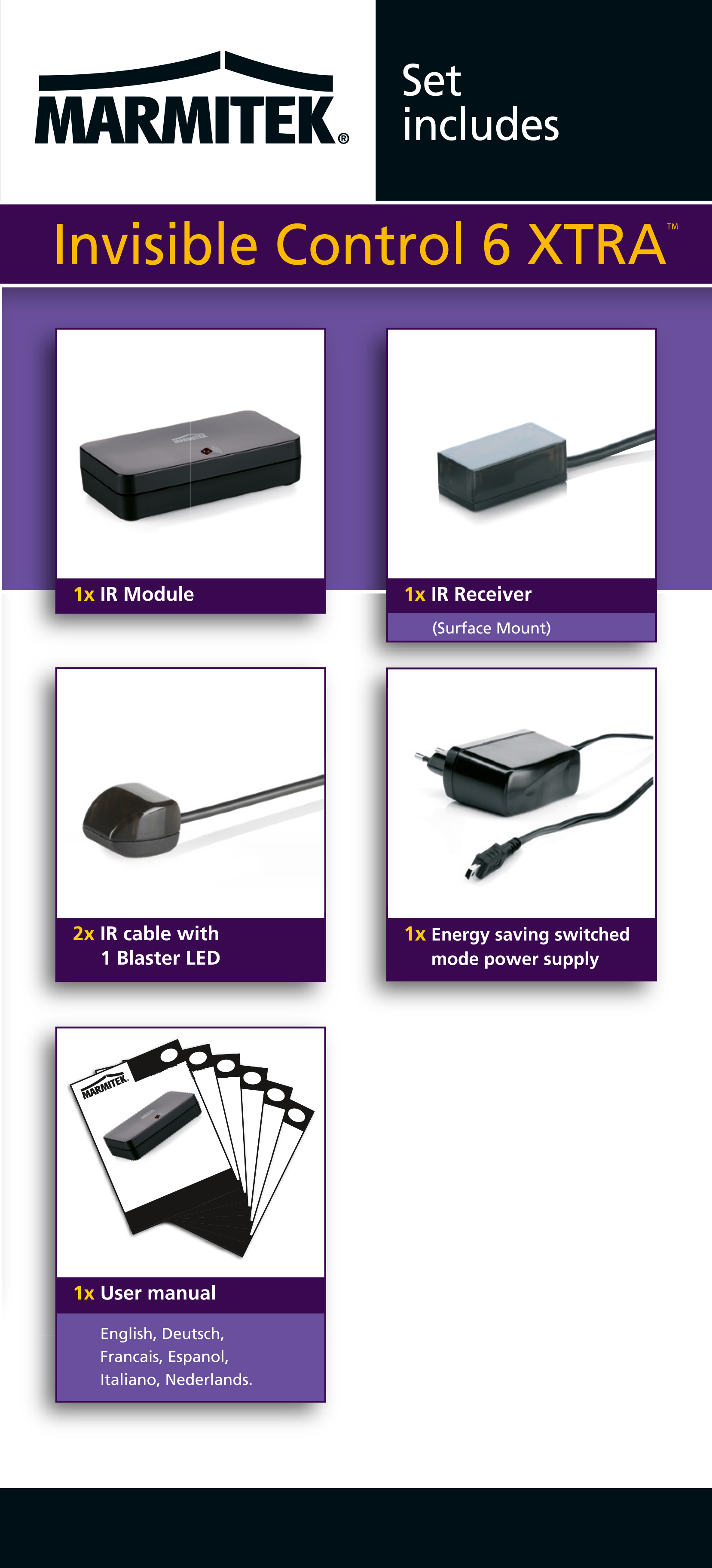 Marmitek Invisible Control 6 XTRA. Product components shown on a white background.