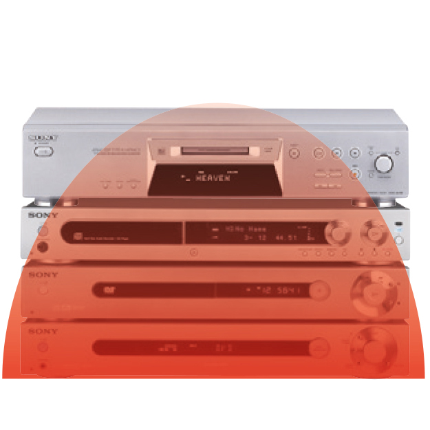 Stacked audio equipment: silver stereo receiver, CD player, and DVD player. Red and orange glow overlay.