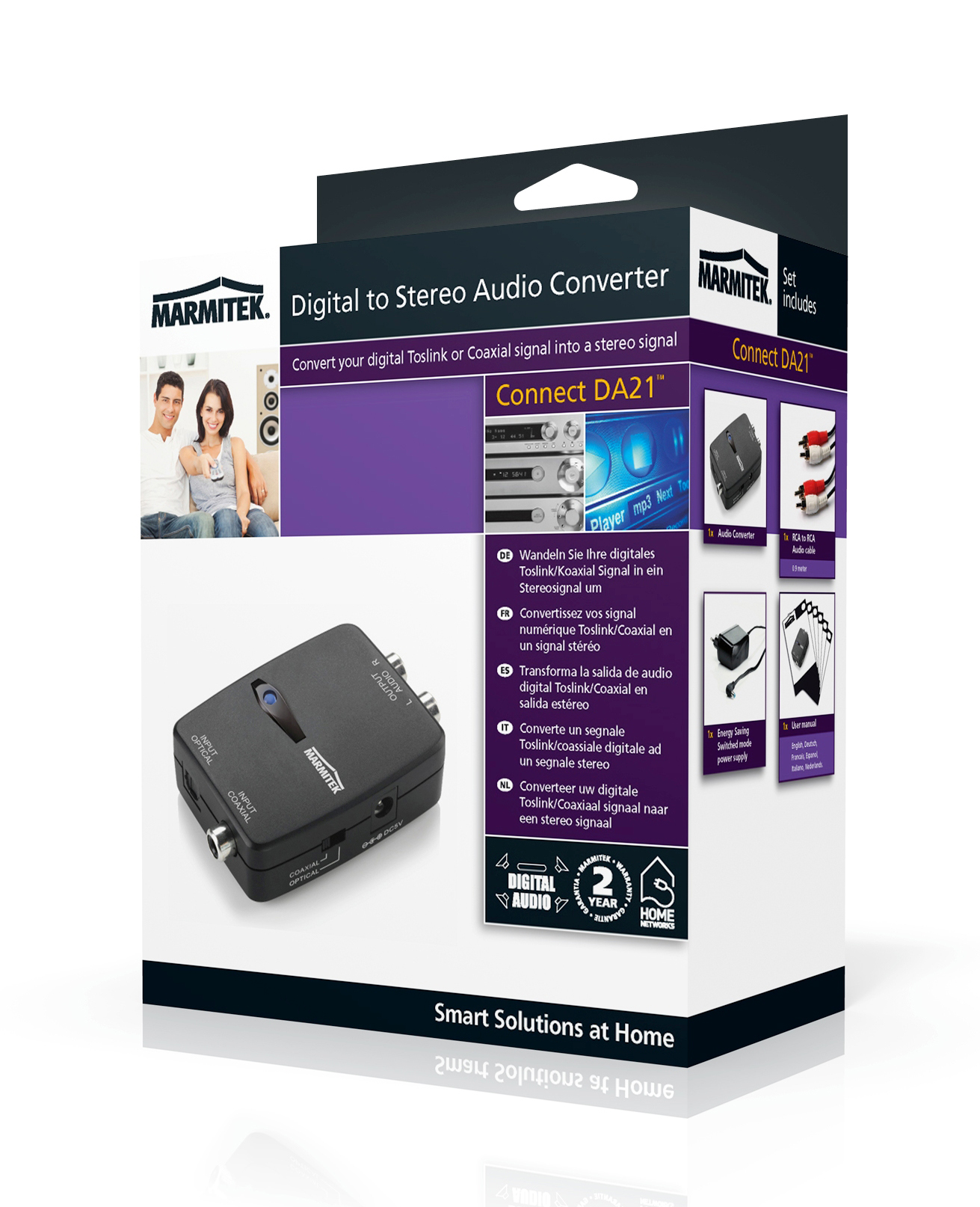 Digital to stereo audio converter box. White and grey with text. Two people in the background.