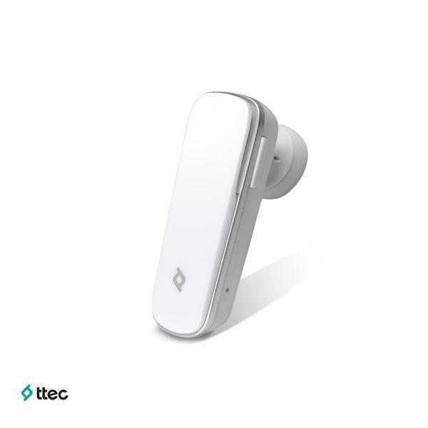 Beyaz, şık bir Bluetooth kulaklık beyaz bir arka plan üzerinde. Kulaklık açılı ve minimalist.