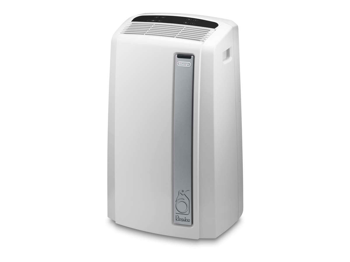 White and gray air conditioner. It has a vertical silver strip and the brand name.