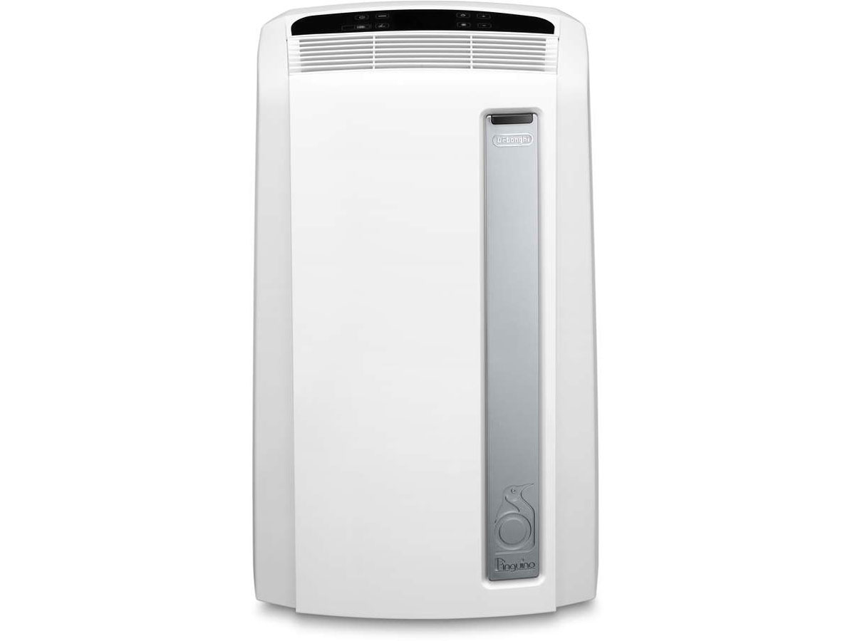 White De'Longhi portable air conditioner. Silver stripe down the front. Controls at the top.