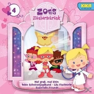 Kinderbuchcover mit Zeichentrickfiguren, 'Zoes Zauberschrank' auf rosa Hintergrund.
