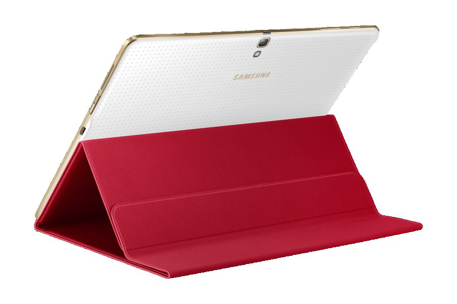 Ein weißes Tablet mit goldenem Rahmen in einer roten Hülle, zum Betrachten angewinkelt. Samsung-Logo sichtbar.