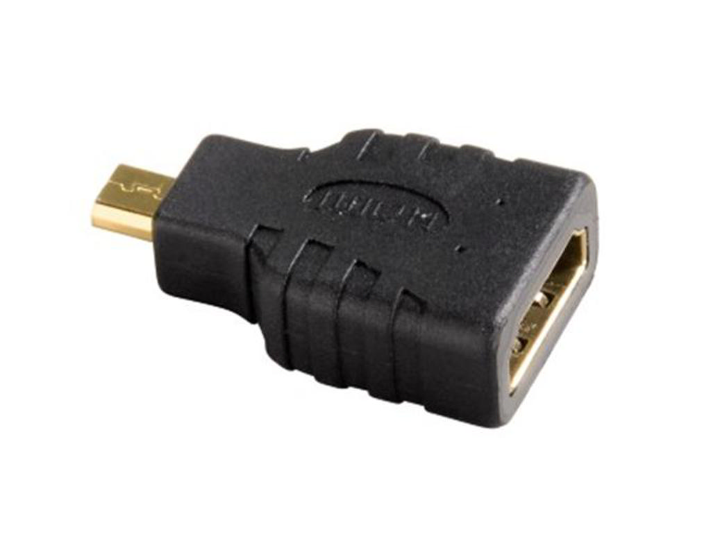 Siyah HDMI - micro-HDMI adaptörü. Altın renkli bir konektöre sahip, dikdörtgen şeklinde.