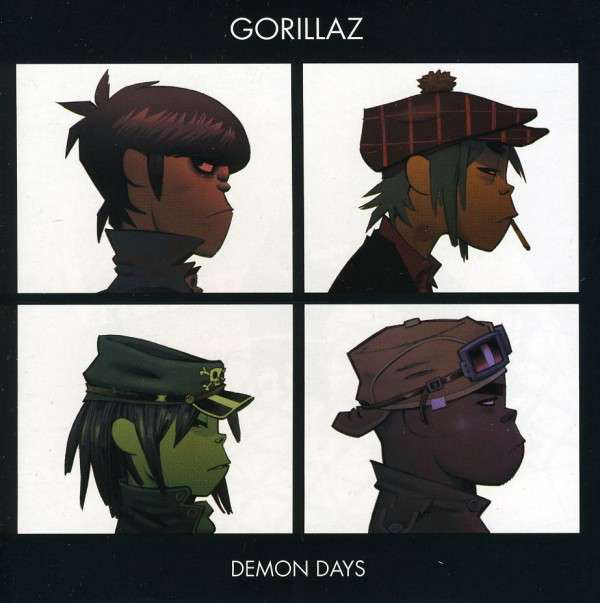 A Gorillaz Demon Days album borítója. Négy rajzfilmfigura profilban, négyzetben. A szereplők kalapot viselnek.