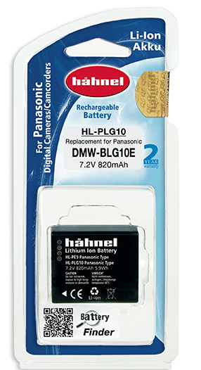 Battery pack for a camera, in a blister pack. The battery is black.