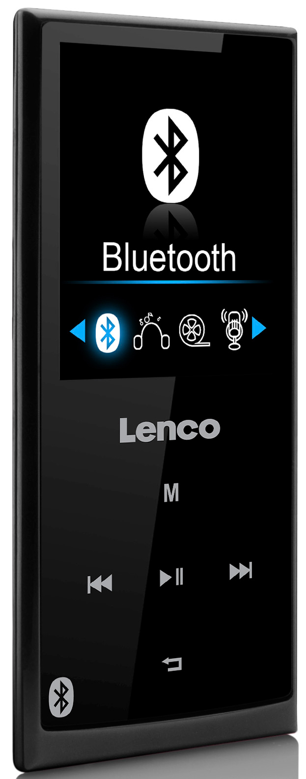 Lecteur multimédia numérique noir avec le logo Bluetooth sur l'écran. Boutons de contrôle visibles.