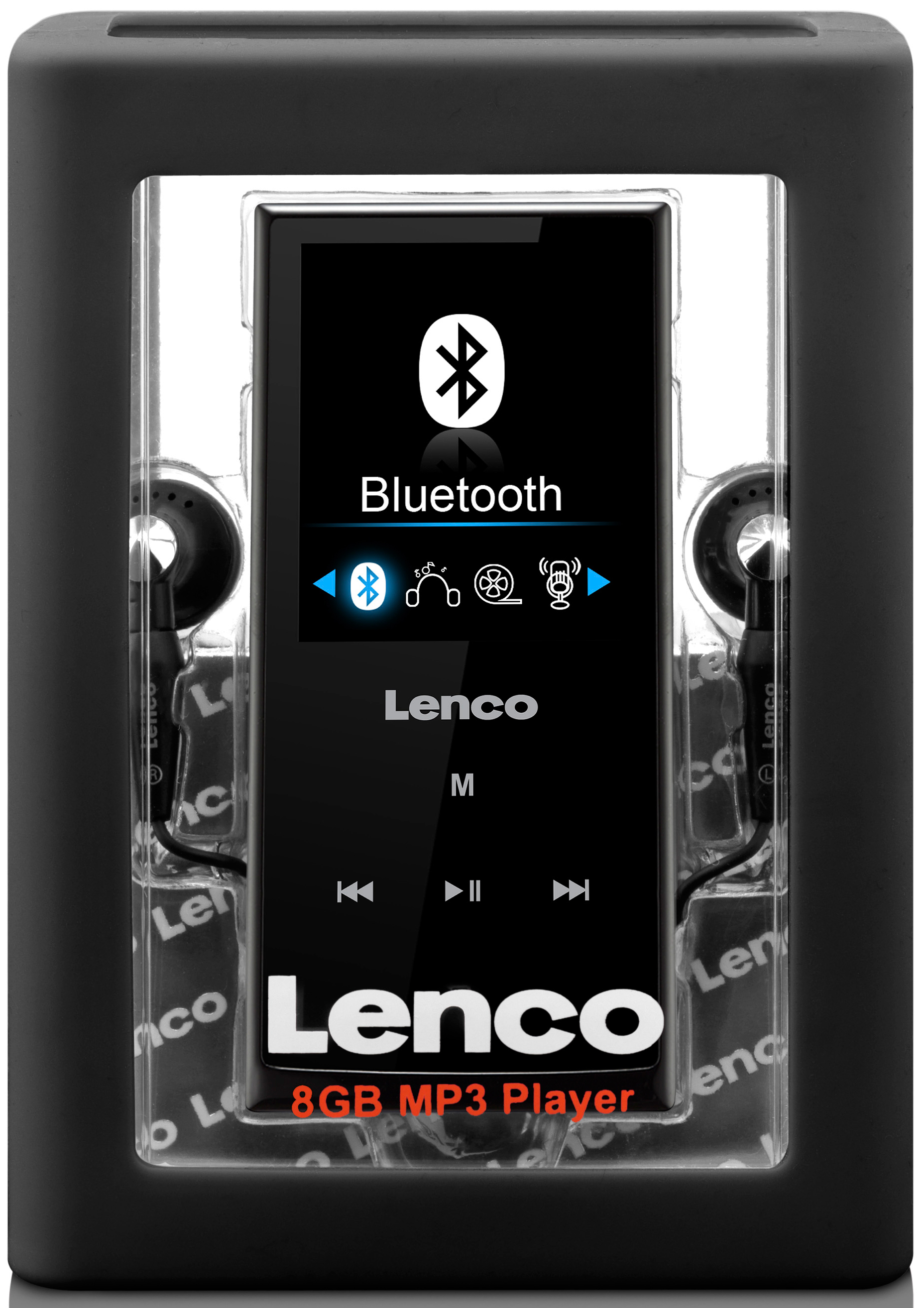 Lecteur MP3 noir dans un étui en plastique. Il dispose d'un écran et d'une prise casque.