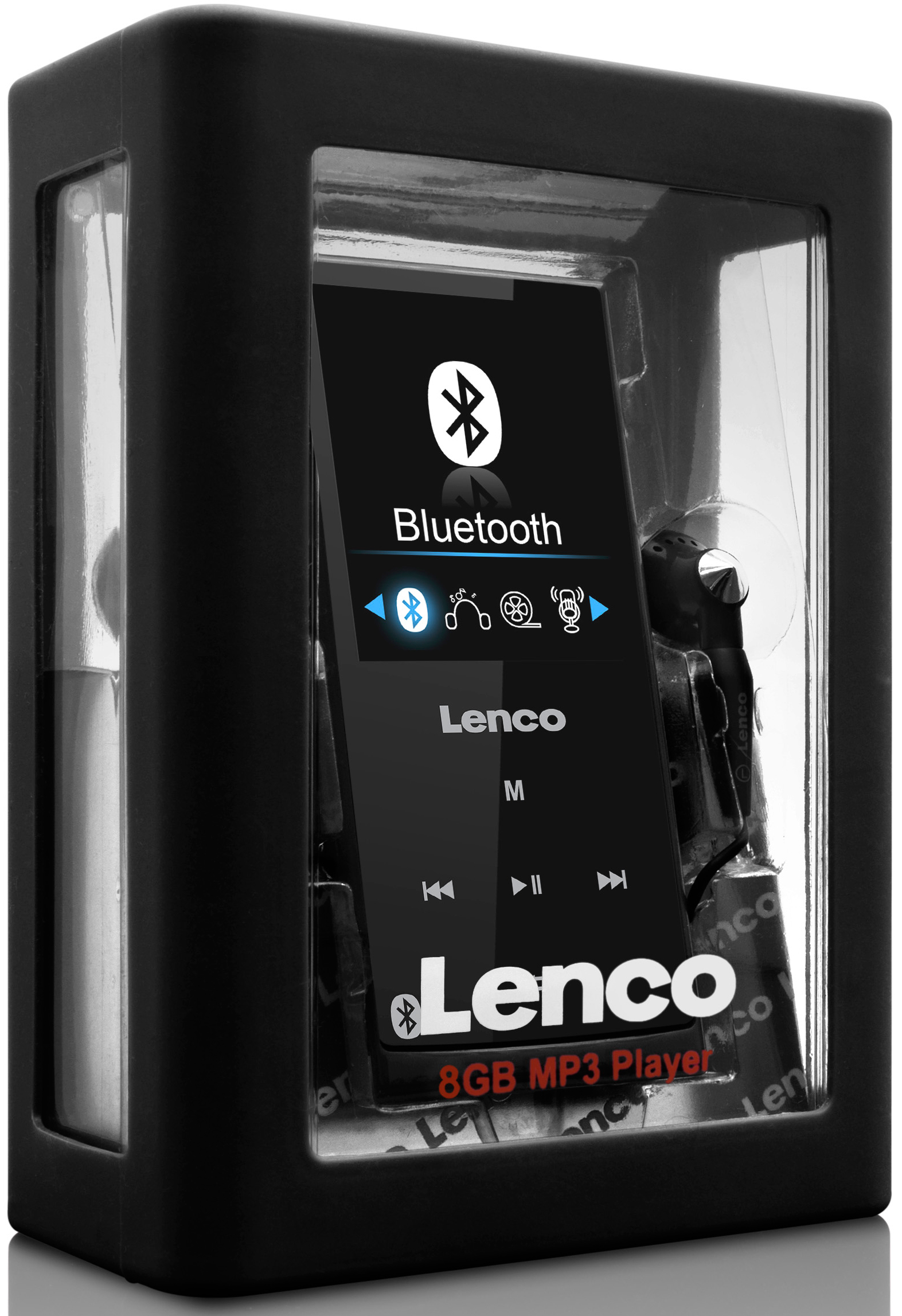 Lecteur MP3 Lenco 8 Go dans une boîte noire. Symbole Bluetooth en haut. Lecteur noir.