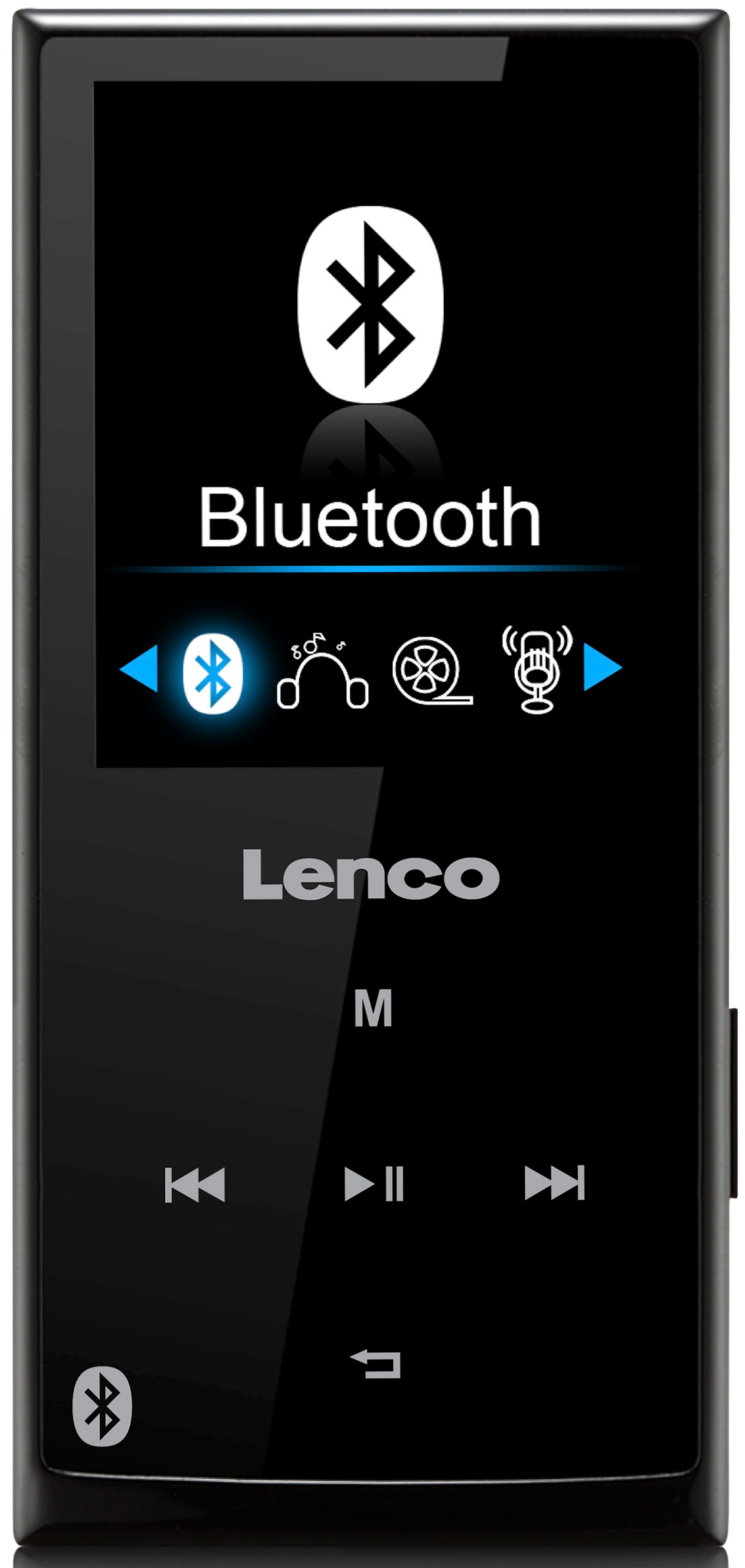 Lecteur MP3 Lenco noir avec logo Bluetooth et boutons. L'écran affiche des options.