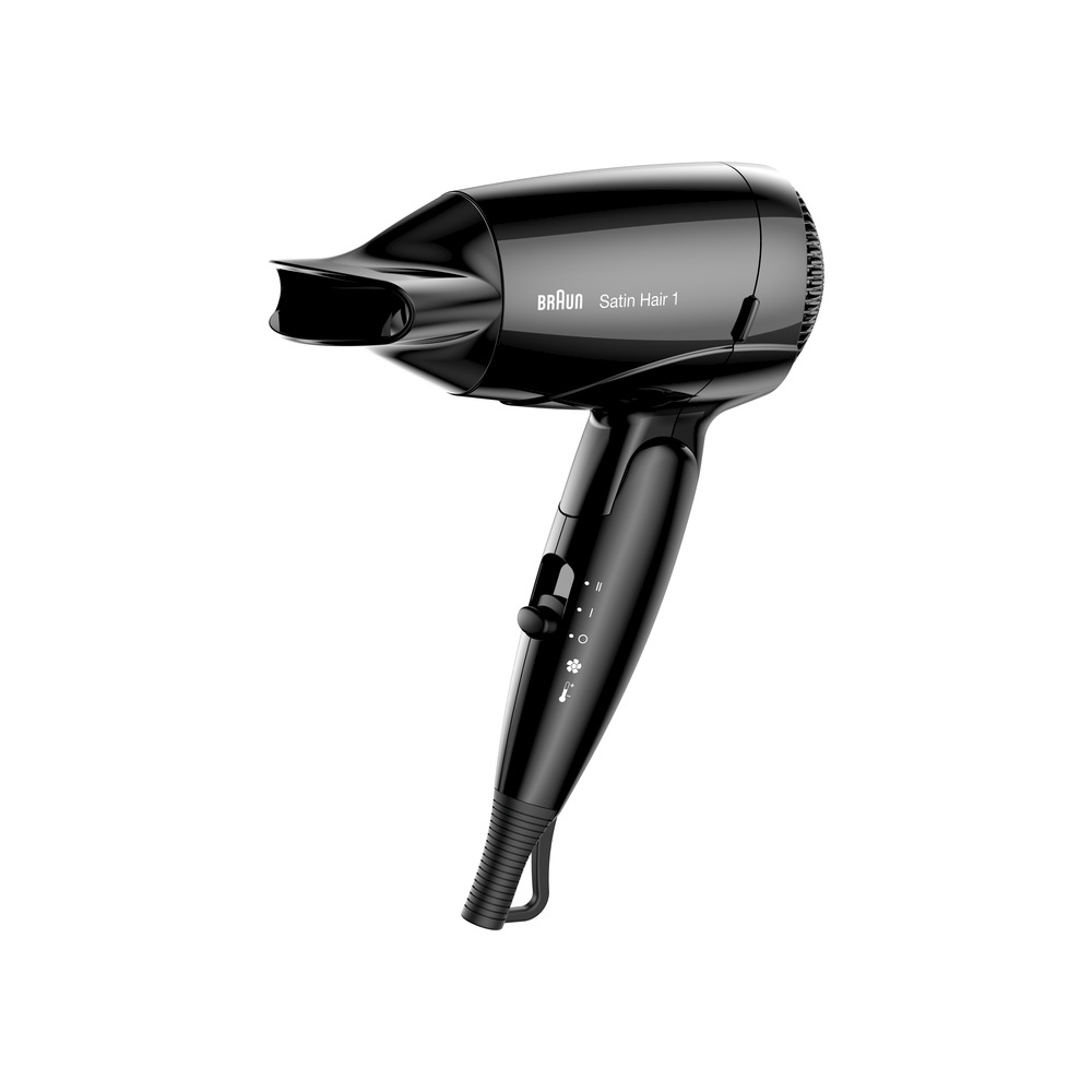 Schwarzer Haartrockner, nach rechts abgewinkelt. 'Braun Satin Hair 1' steht auf der Seite. Netzschalter sichtbar.