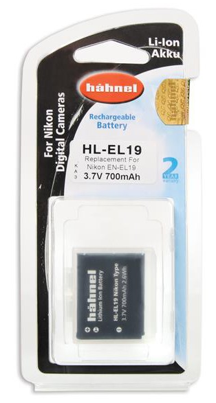 Battery pack for Nikon digital cameras. Black and gray plastic. Brand name Hähnel. The package is clear.