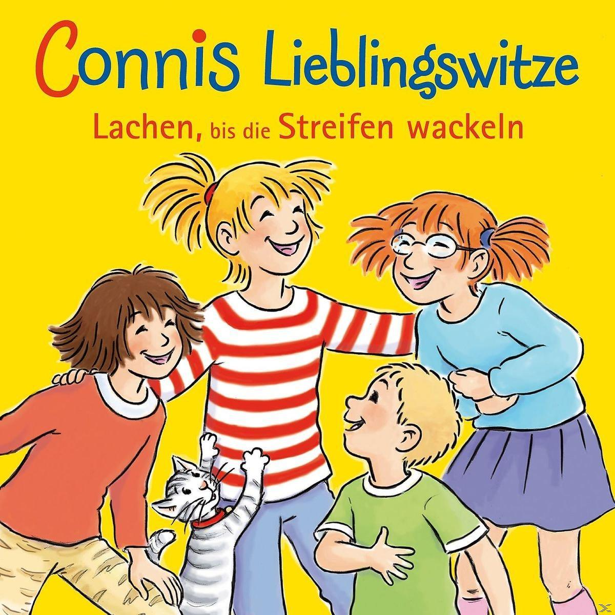 Buchcover mit Cartoon-Kindern und Katze. Titel: 'Connis Lieblingswitze'. Gelber Hintergrund.