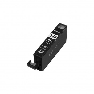 Canon 526 BK zwarte inktcartridge op witte achtergrond. Zwarte cartridge. Canon logo zichtbaar.
