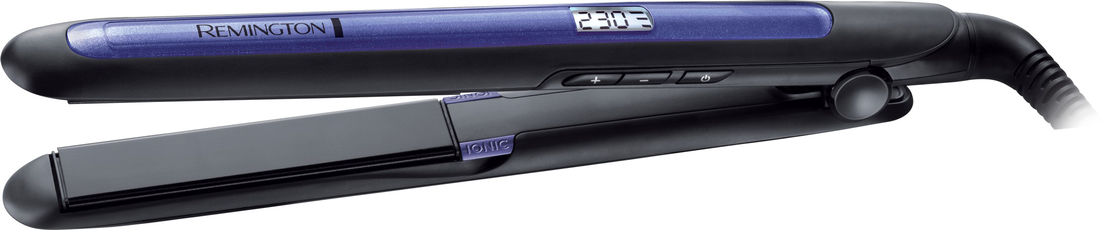 Haarglätter: schwarz mit lila Display und Knöpfen, zeigt den Markennamen Remington.