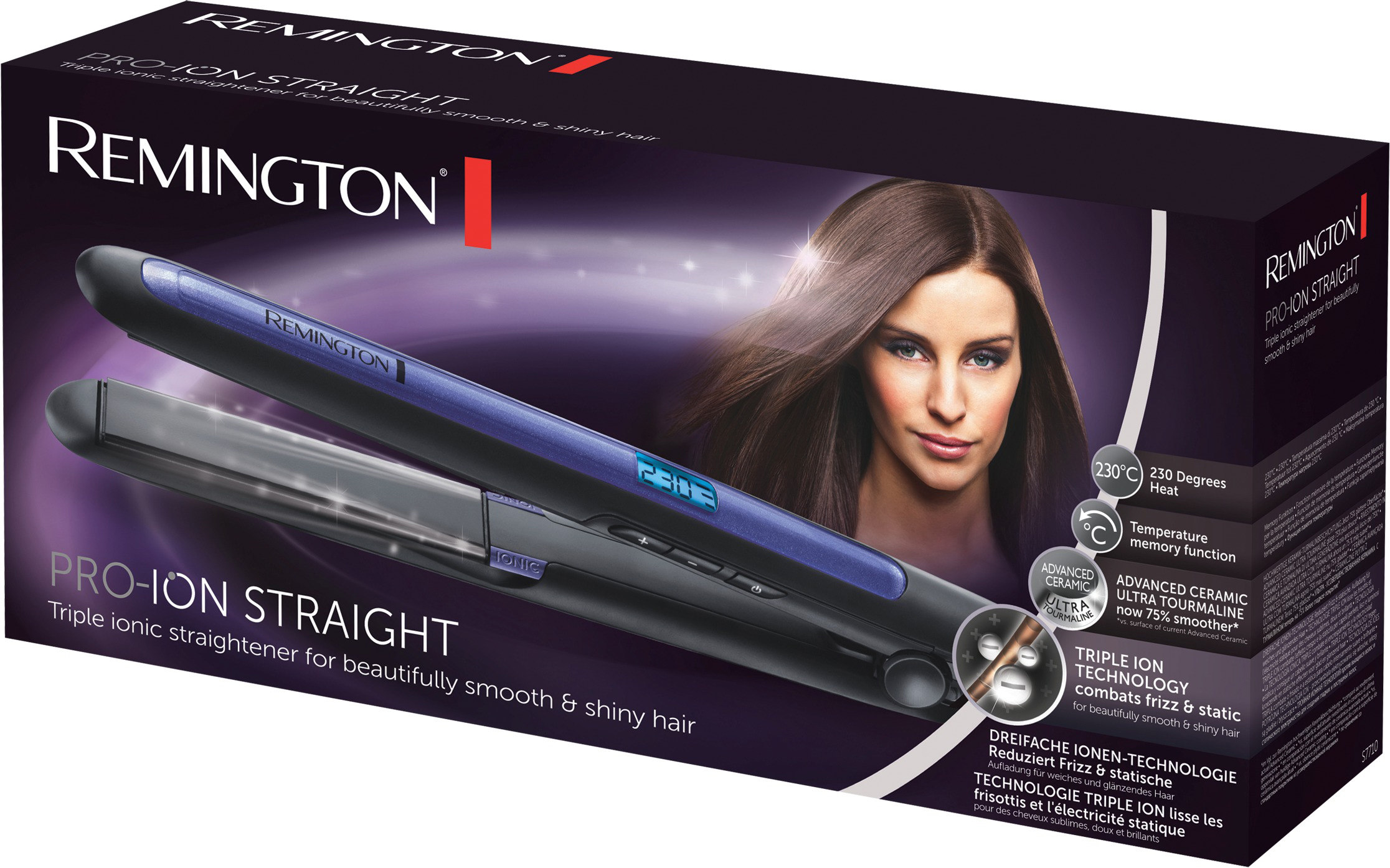 Box mit Haarglätter. Frau mit glattem Haar. Produkt ist schwarz und blau. Text: PRO-ION STRAIGHT.